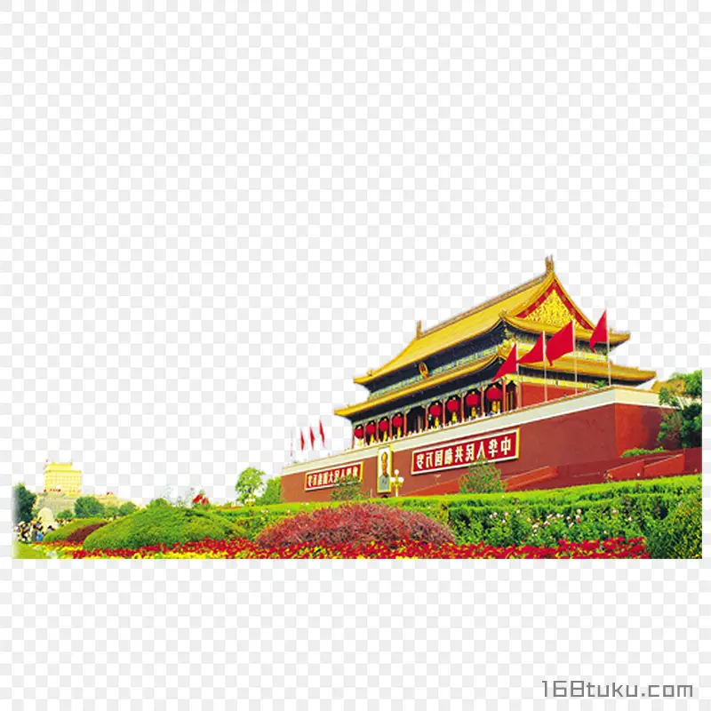 天安门国旗绿植png素材
