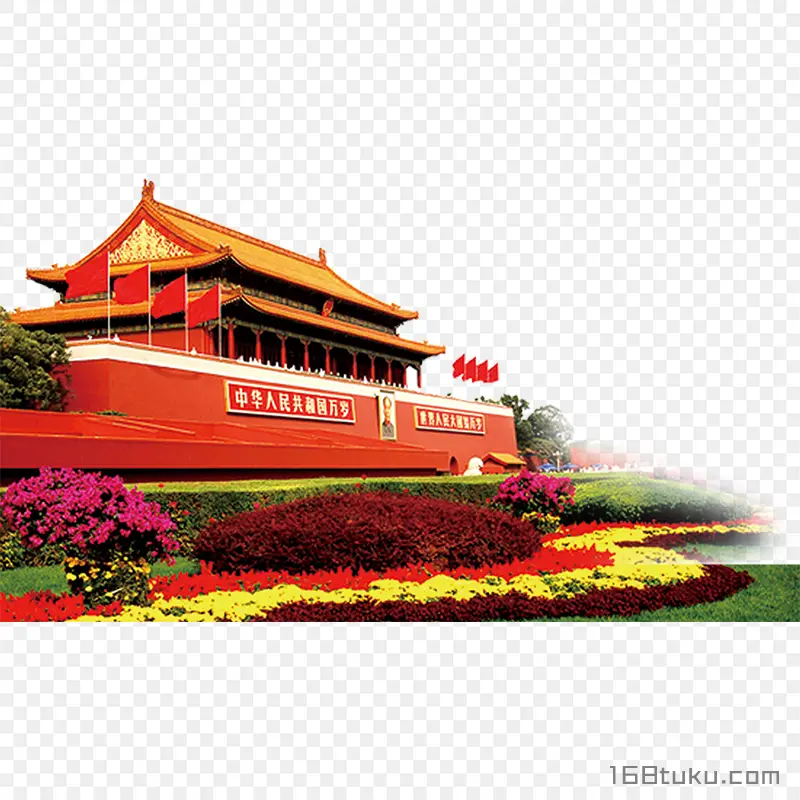 天安门国旗鲜花png素材