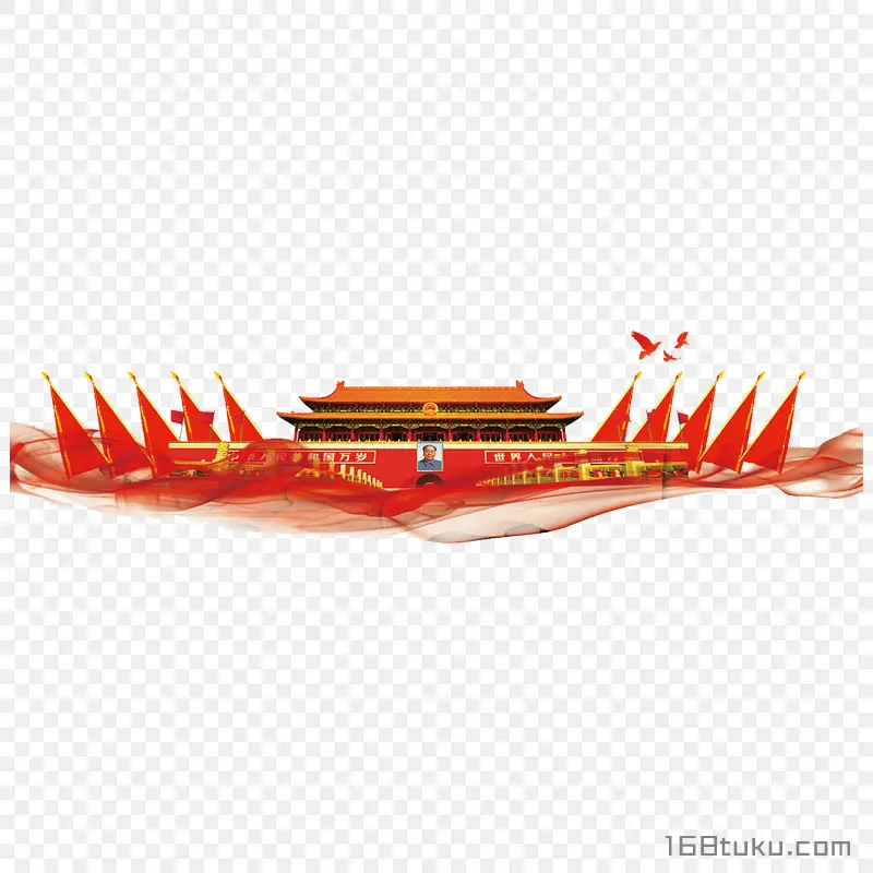 天安门国旗城楼国庆爱国鸽子红色背景png素材