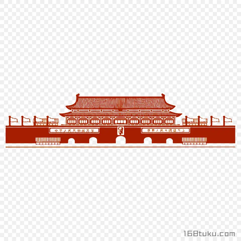 白描轮廓天安门国旗png素材
