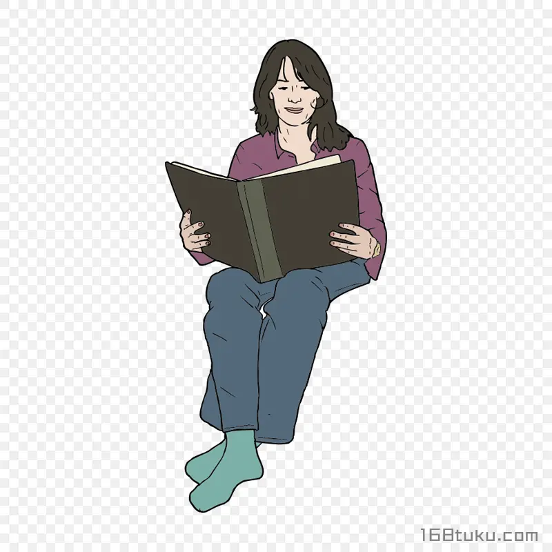 手绘看书的女生png素材免抠素材