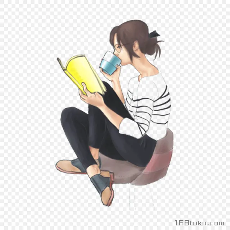 手绘读书的女生png素材免抠素材
