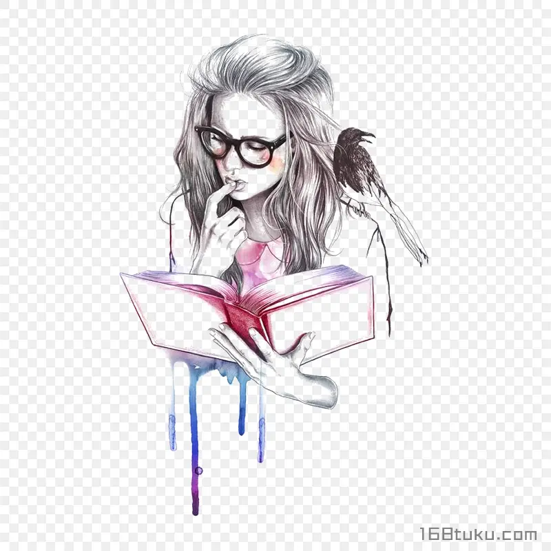 阅读看书的女生插画png素材免费下载