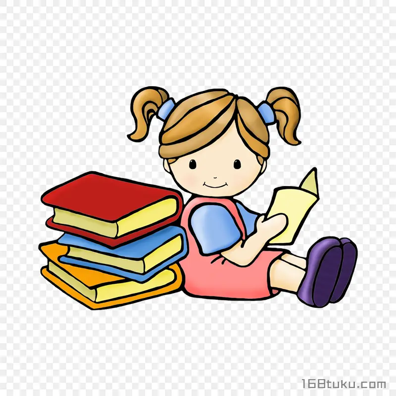 坐一叠书旁认真学习的卡通小女孩png素材免费下载