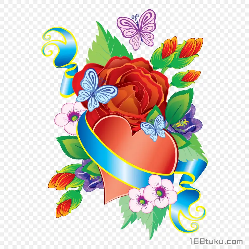 卡通玫瑰花蝴蝶爱心png素材免抠素材