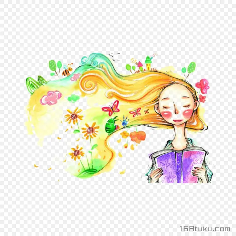 金色创意头发女孩看书的女孩png素材免抠素材