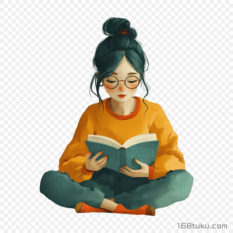 盘腿坐在地上看书的女生插画png素材免抠素材