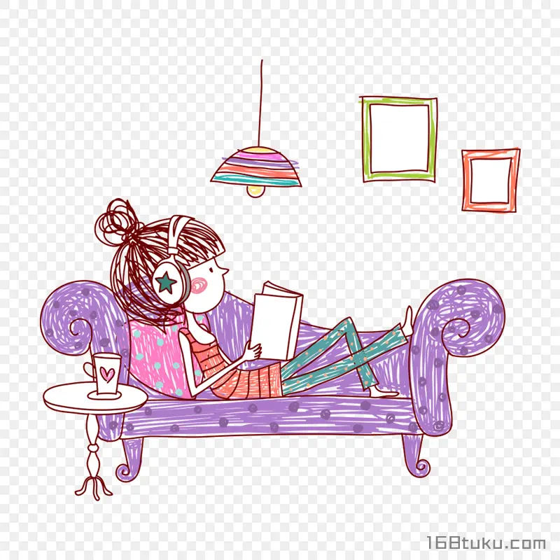 手绘靠在沙发上看书的女孩png素材免抠素材