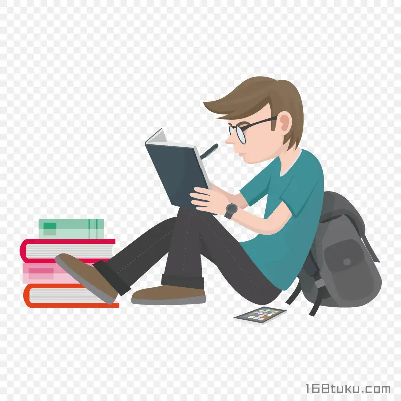 靠在书包上学习的男生手绘人物png素材免抠素材