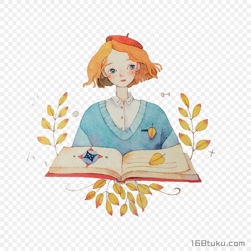 手绘女生阅读插画png素材免抠素材