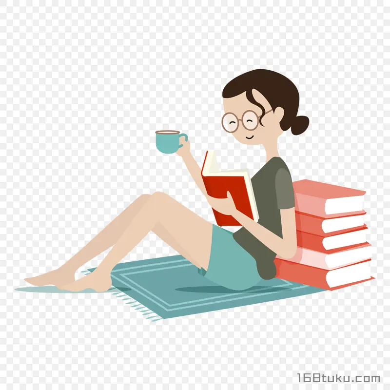喝着咖啡看书的成年女性卡通人物png素材免抠素材