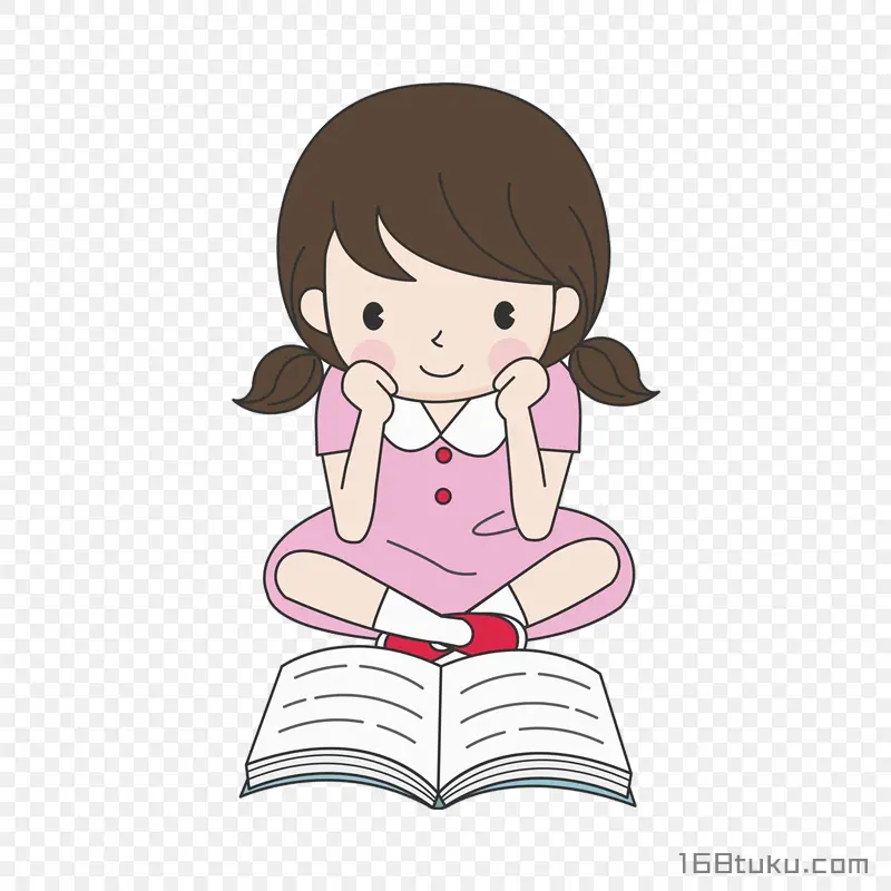认真看书的卡通女孩png素材免抠素材