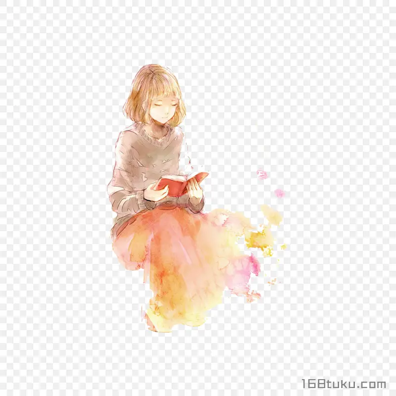 手绘看书的女生png素材免抠素材