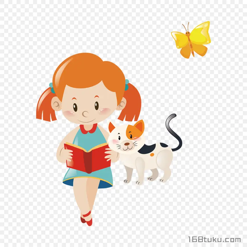 和猫咪一起看书的可爱女孩卡通人物png素材免抠素材