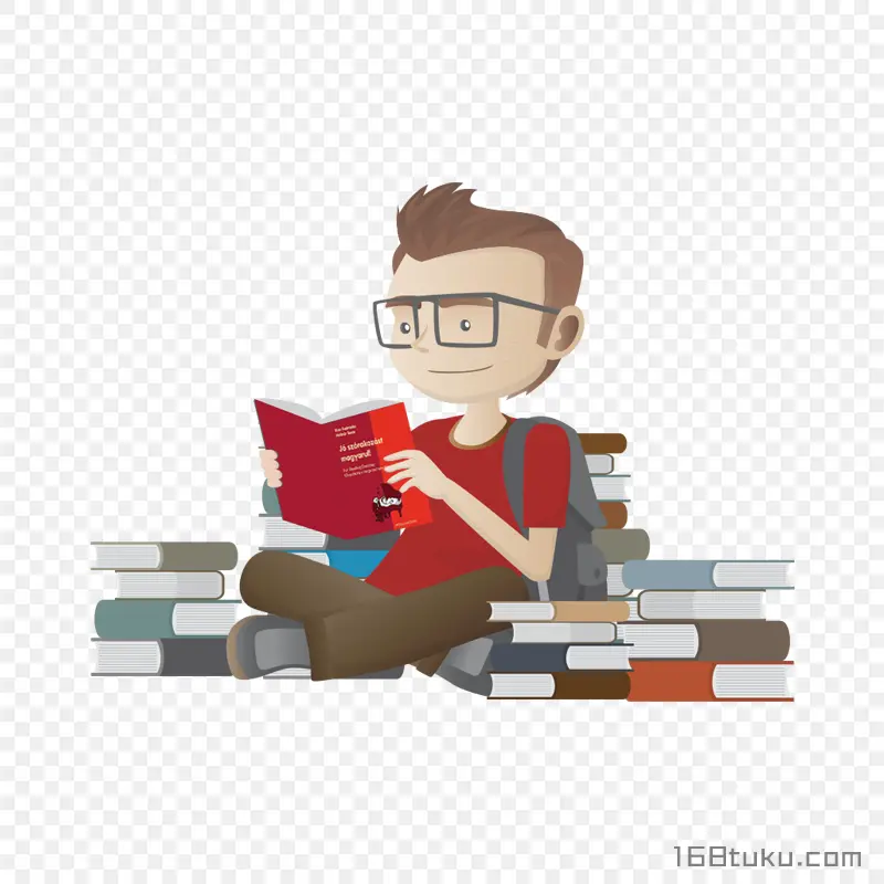 坐在书堆中看书的男学生手绘人物png素材免抠素材