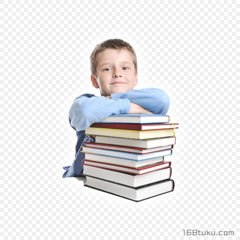 靠在书堆上的小男孩png素材免抠素材