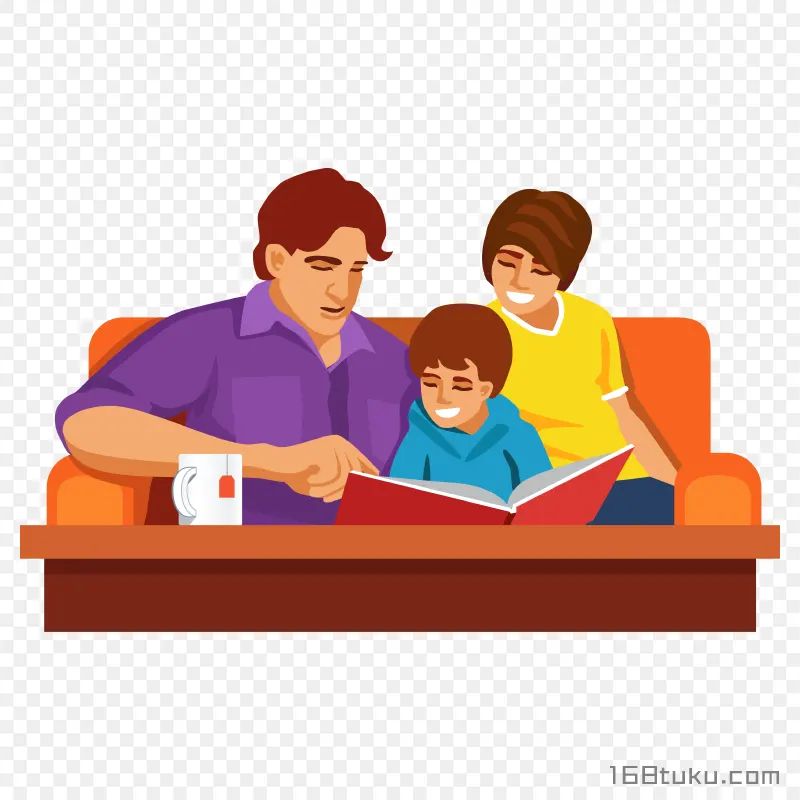 孩子和父母一起阅读亲子阅读卡通人物插画png素材免抠素材