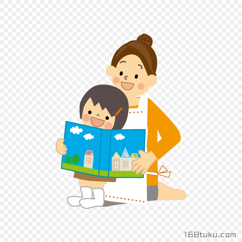 母女亲子阅读卡通插画png素材免抠素材