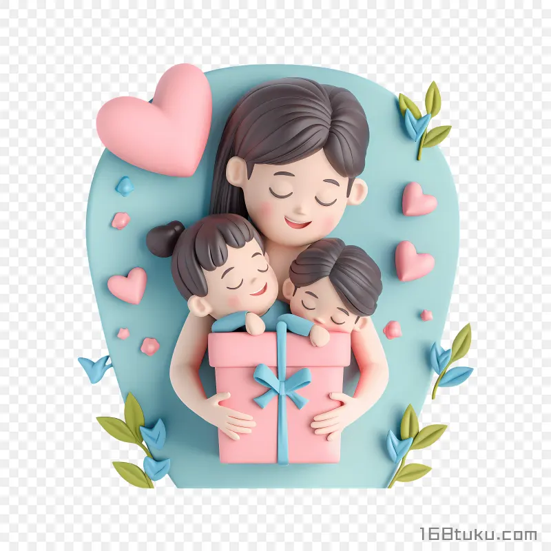 爱心母亲节立体插画亲子拥抱礼盒png素材免费png