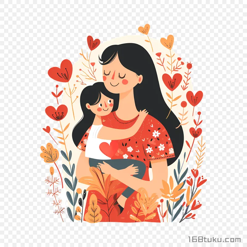花丛中母子拥抱卡通插画母亲节png素材免费png