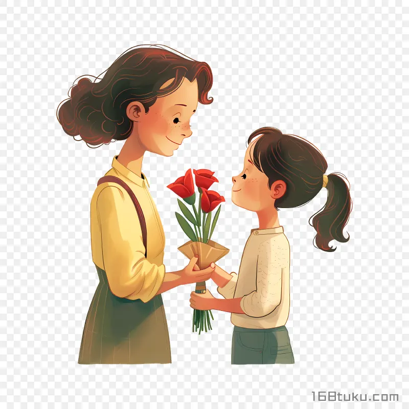 小女孩给妈妈送一束鲜花png素材免费png