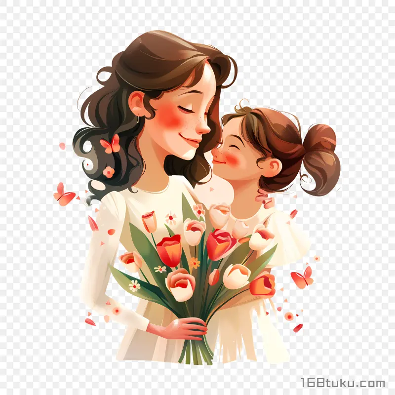母亲节妈妈拥抱送鲜花的女孩png素材免费png
