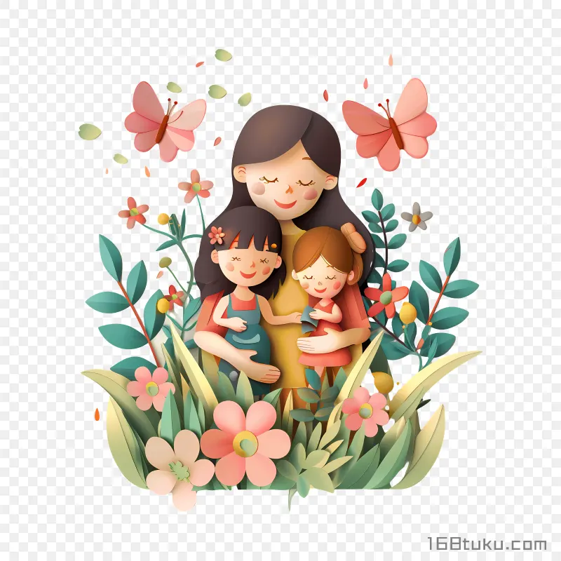 花丛中母子拥抱卡通插画母亲节png素材免费png