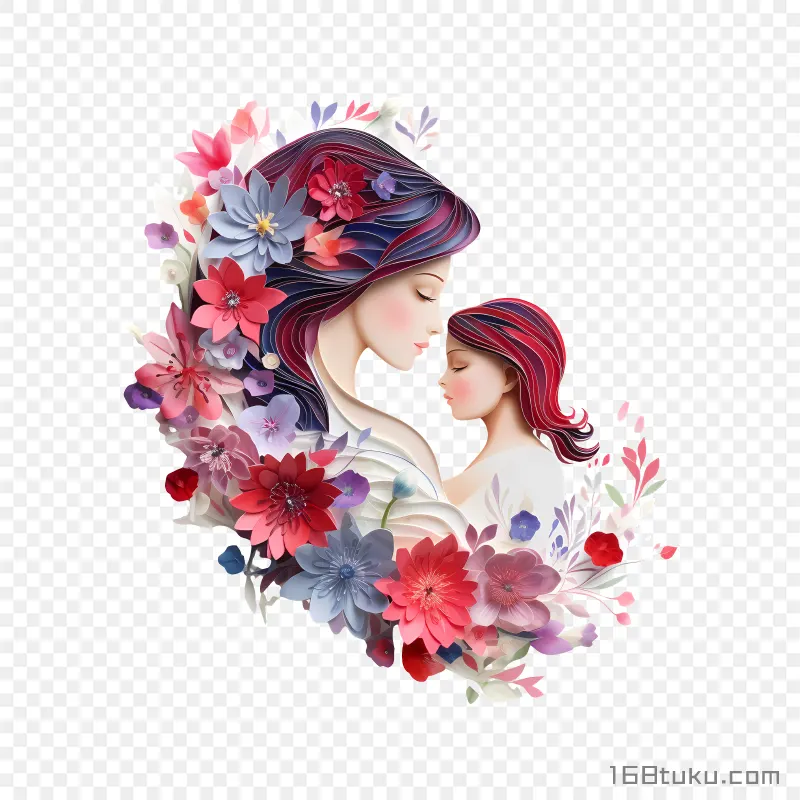 花丛中母子拥抱卡通插画母亲节png素材免费png