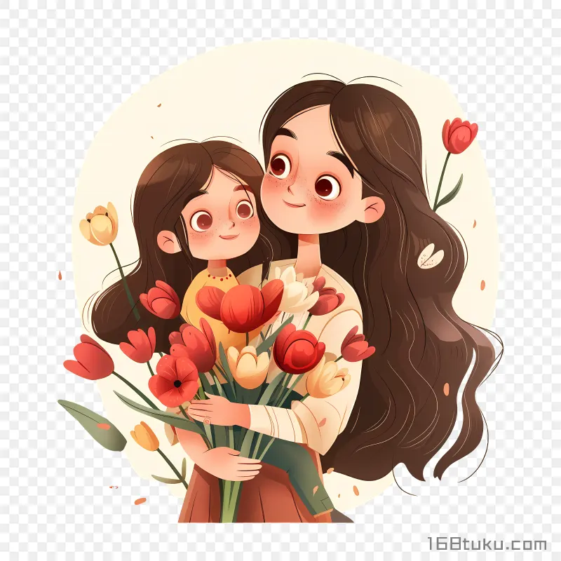 母亲节妈妈抱着送鲜花的女孩png素材免费png