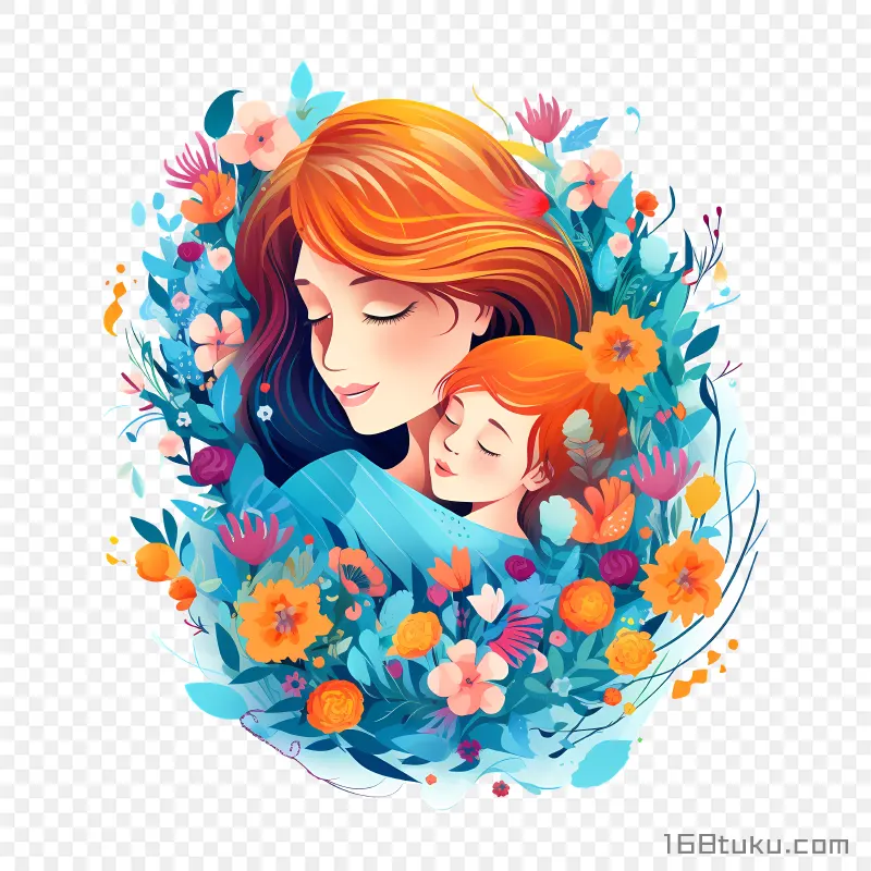 花丛中母子拥抱卡通插画母亲节png素材免费png