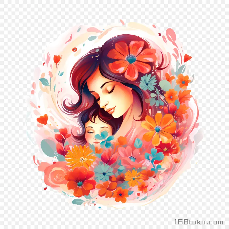 花丛中母子拥抱卡通插画母亲节png素材免费png