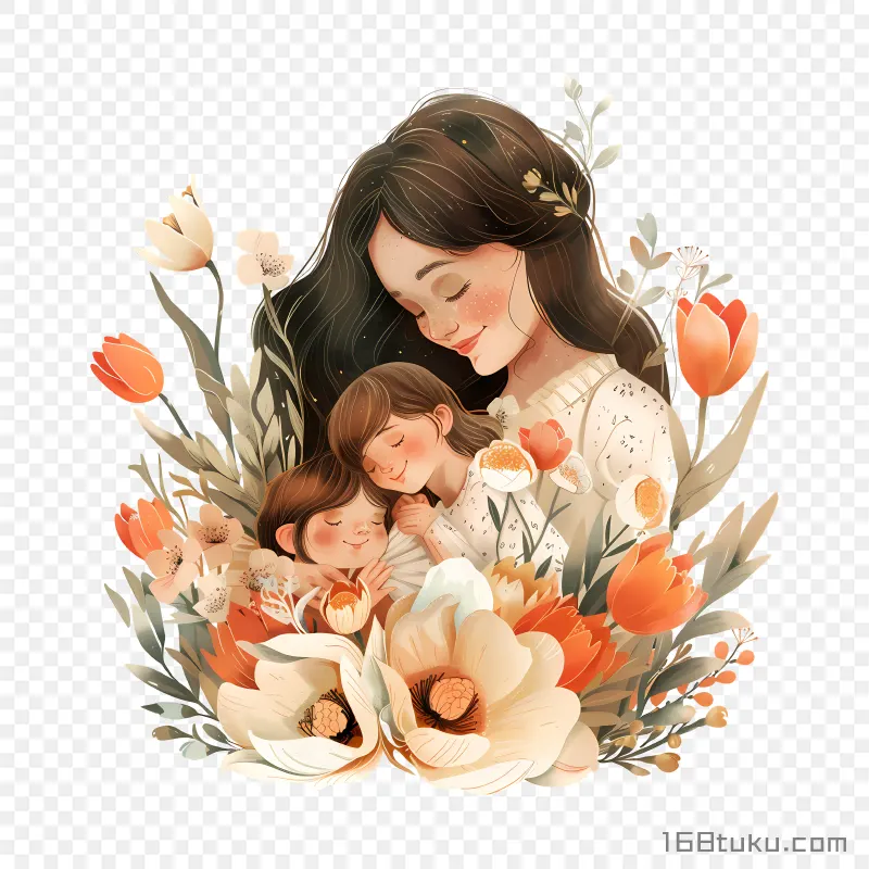 花丛背景母亲节母子拥抱亲子插画双胞胎png素材免费png
