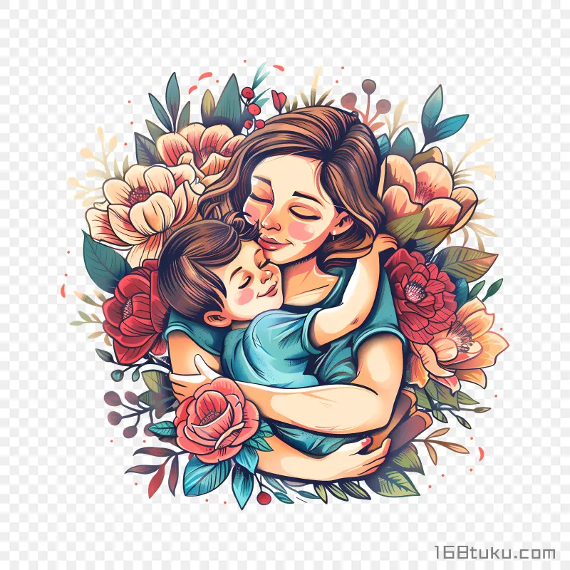 花丛背景母亲节母子拥抱亲子插画png素材免费png