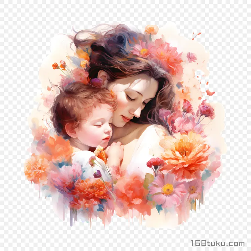 母亲节母子拥抱亲子水彩插画png素材免费png