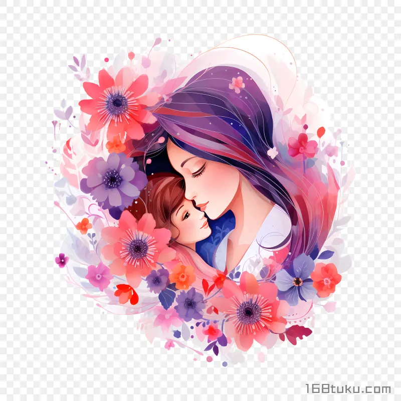 母子拥抱花朵水彩插画png素材免费png