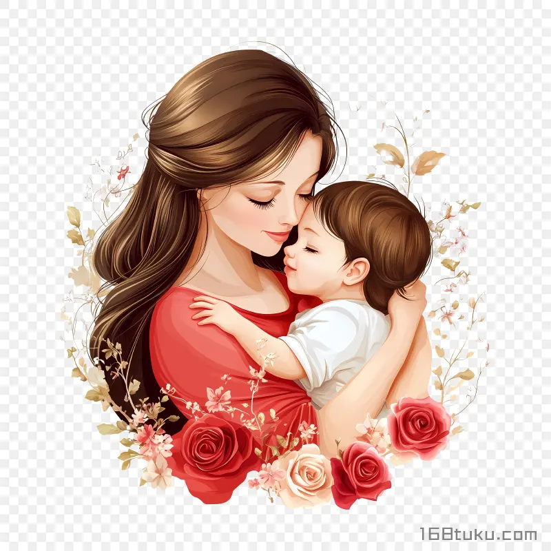 母亲节母子拥抱亲子插画玫瑰花png素材免费png