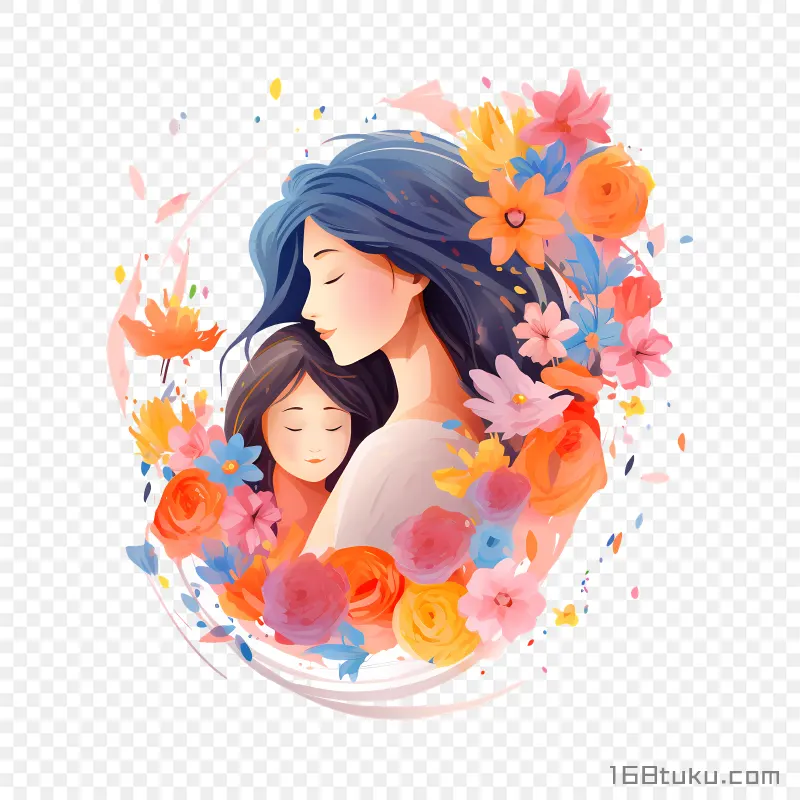 母亲节母子拥抱亲子插画花环png素材免费png