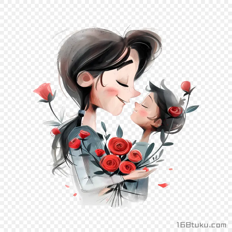 红色玫瑰花母子拥抱亲子插画png素材免费png