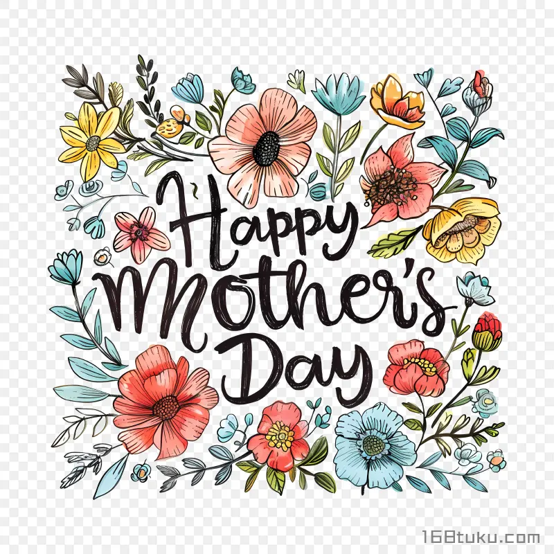 手绘花朵背景Happy mother's day母亲节png素材免费png