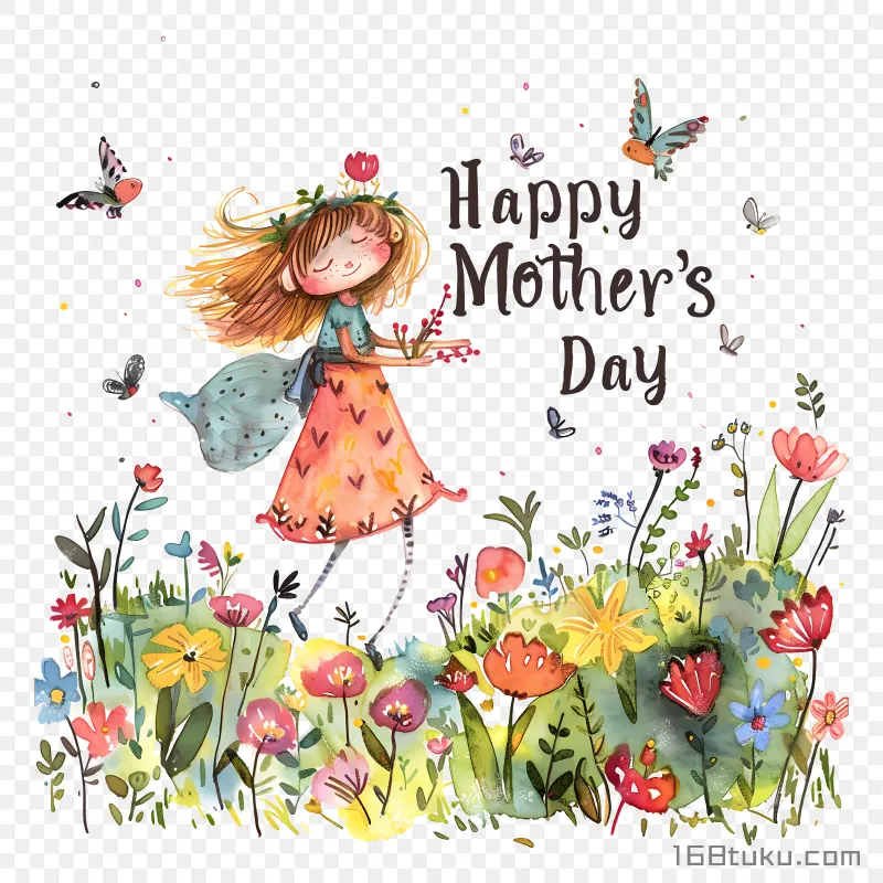 采一朵鲜花送给母亲插画Happy mother's day png素材免费png