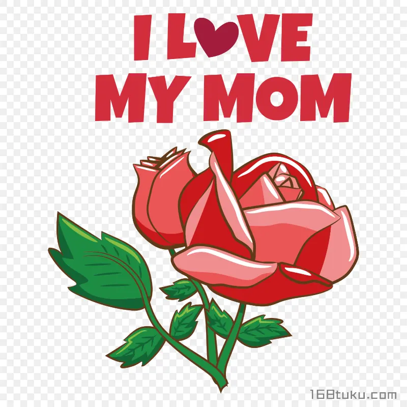 一朵玫瑰花插画我爱妈妈英文I love you mom母亲节png素材免费png