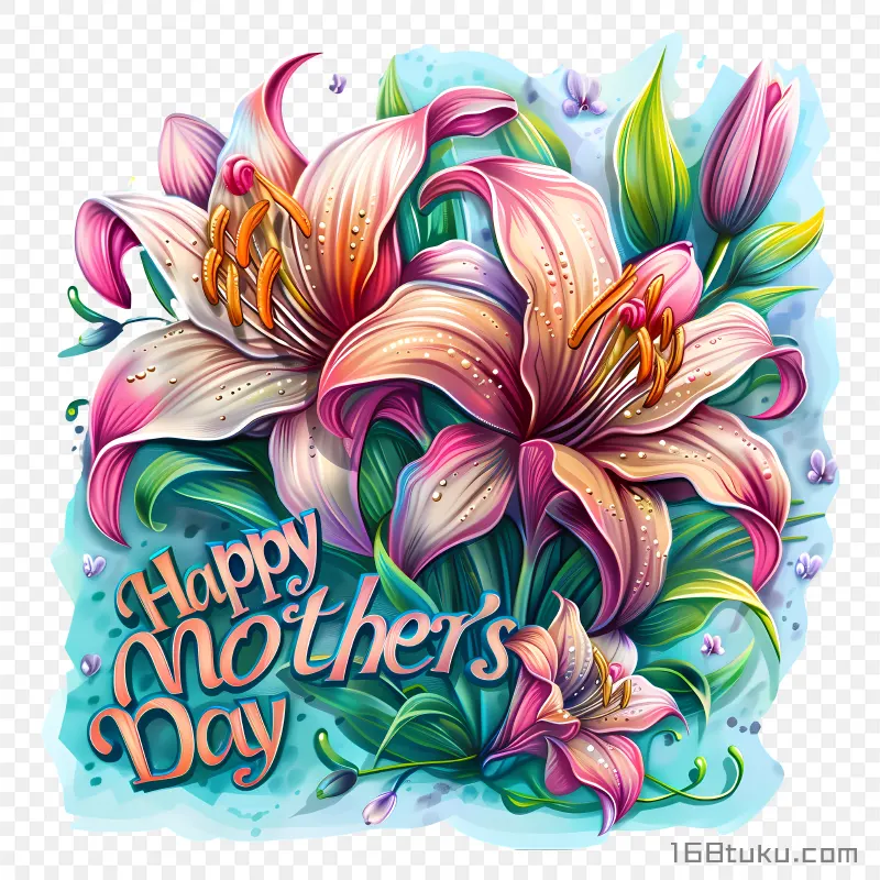 露珠立体鲜花插画Happy mother's day母亲节png素材免费png