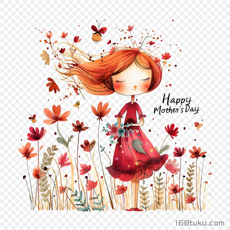 花丛胡蝶卡通母亲happy mother's day 母亲节快乐png素材免费png