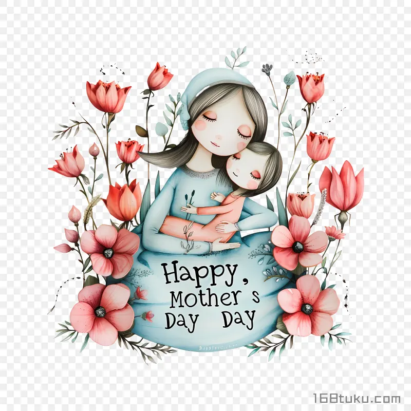 花朵和卡通母子拥抱happy mother's day 母亲节快乐png素材免费png