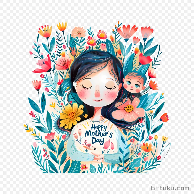 卡通人物母子拥抱happy mother's day 母亲节快乐png素材免费png