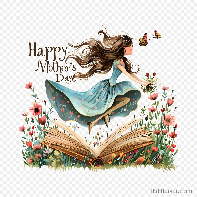 长裙妈妈和书本happy mother's day 母亲节快乐png素材免费png